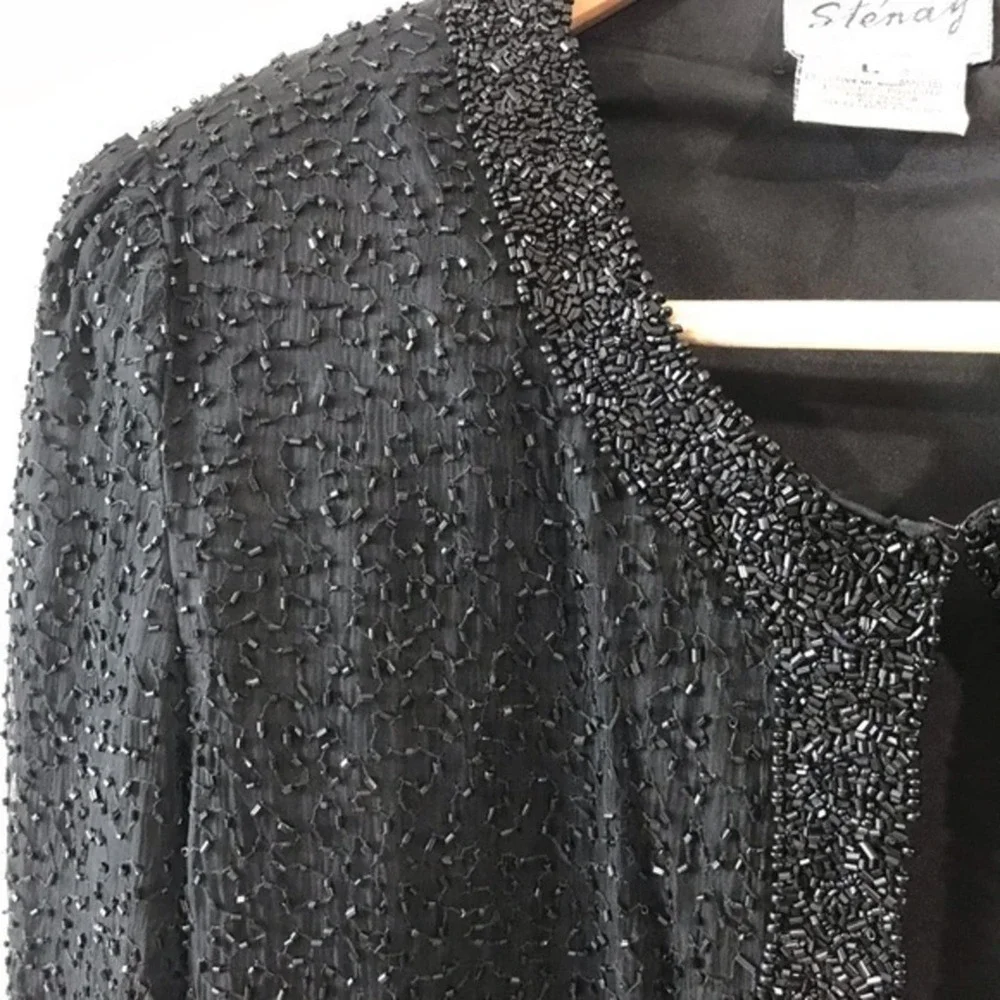 🔥Silk Beaded Jacket Sz Large Stenay Vintage Black Formal Blazer 90s Fancy - Picture 2 of 9